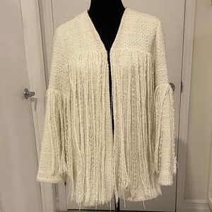ZARA Ecru Cream Fringe Open Cardigan Tweed Textured Structured Jacket Sze Small